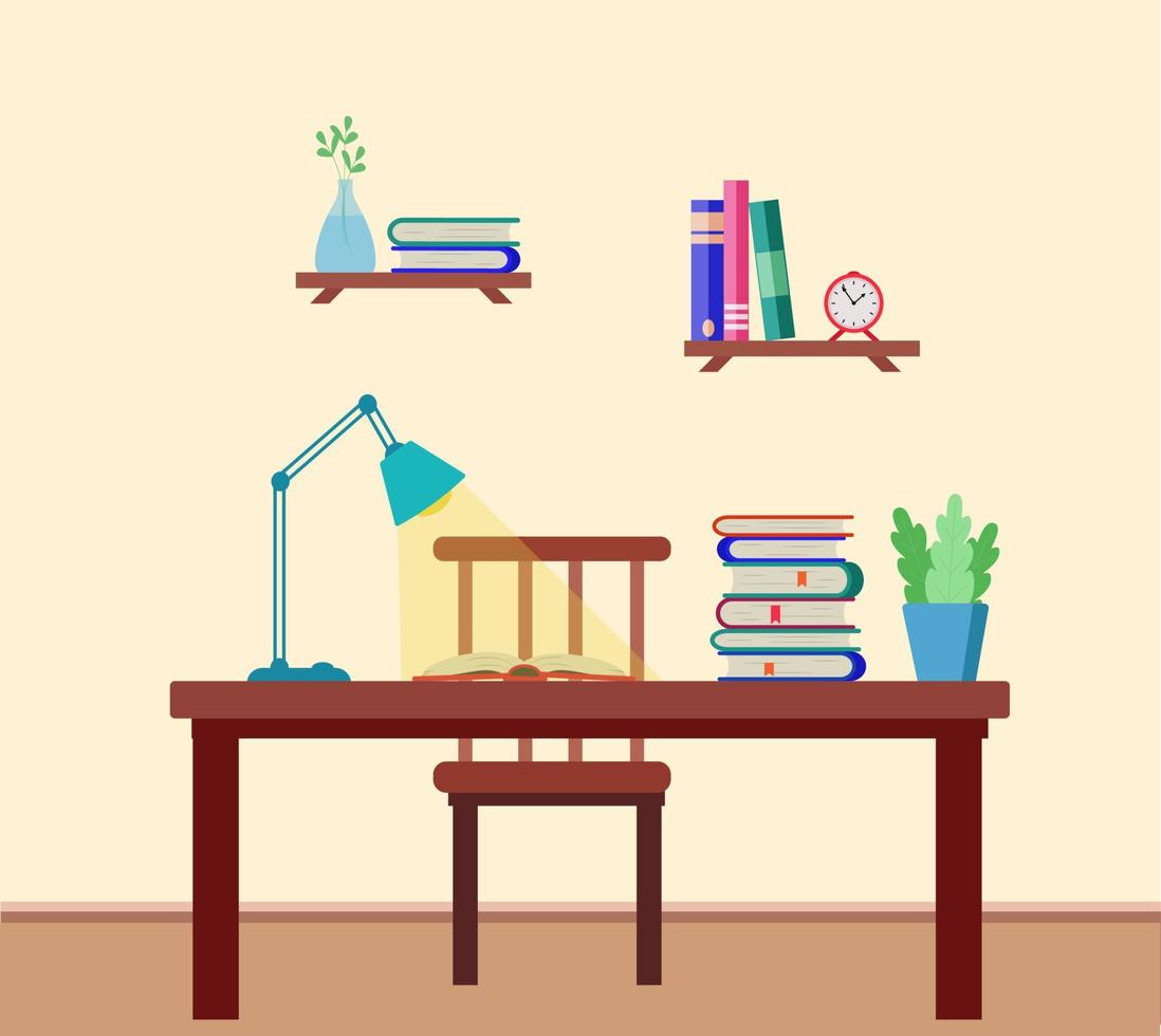 intérieur de la pièce avec un bureau, des livres, une lampe, des étagères au mur avec des manuels, une horloge. illustration vectorielle du concept d'éducation, enseignement des devoirs scolaires vecteur