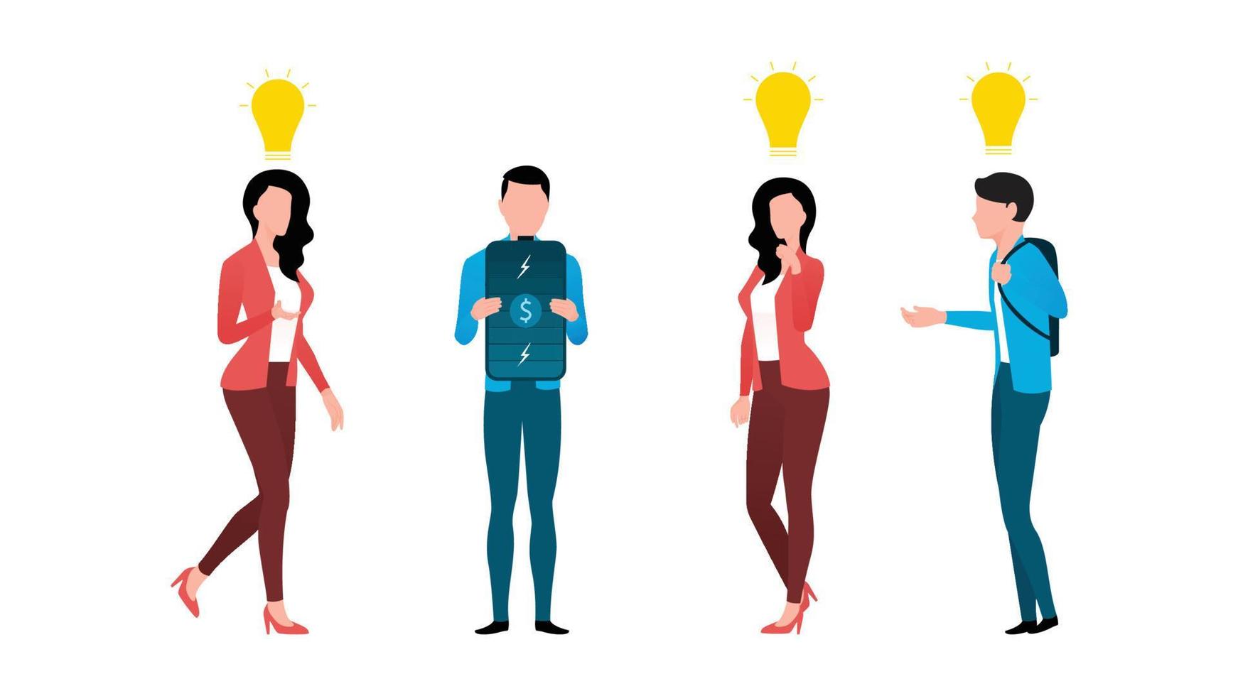 une équipe approchant les investisseurs pour investir dans leur entreprise, trois personnages avec ampoule et un avec source d'alimentation, illustration vectorielle de concept d'entreprise sur fond blanc. vecteur