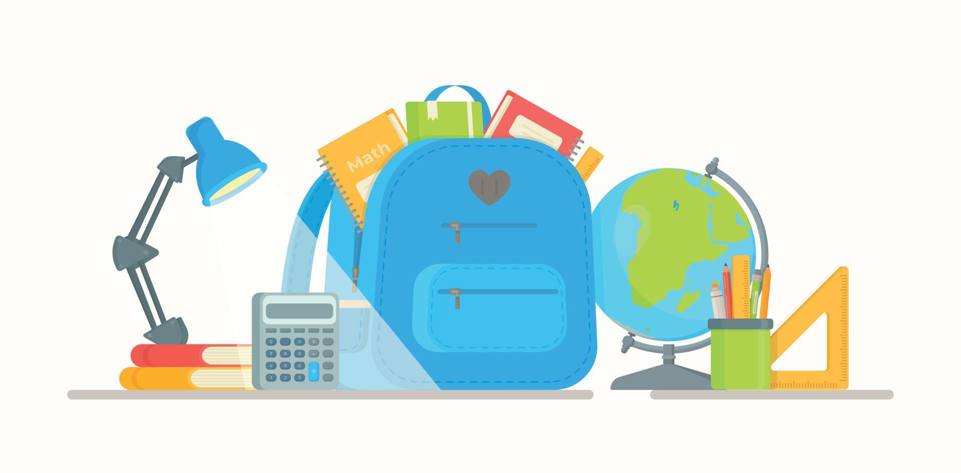 sac à dos pour l'école. illustration vectorielle retour à l'école. le temps d'étudier. vecteur