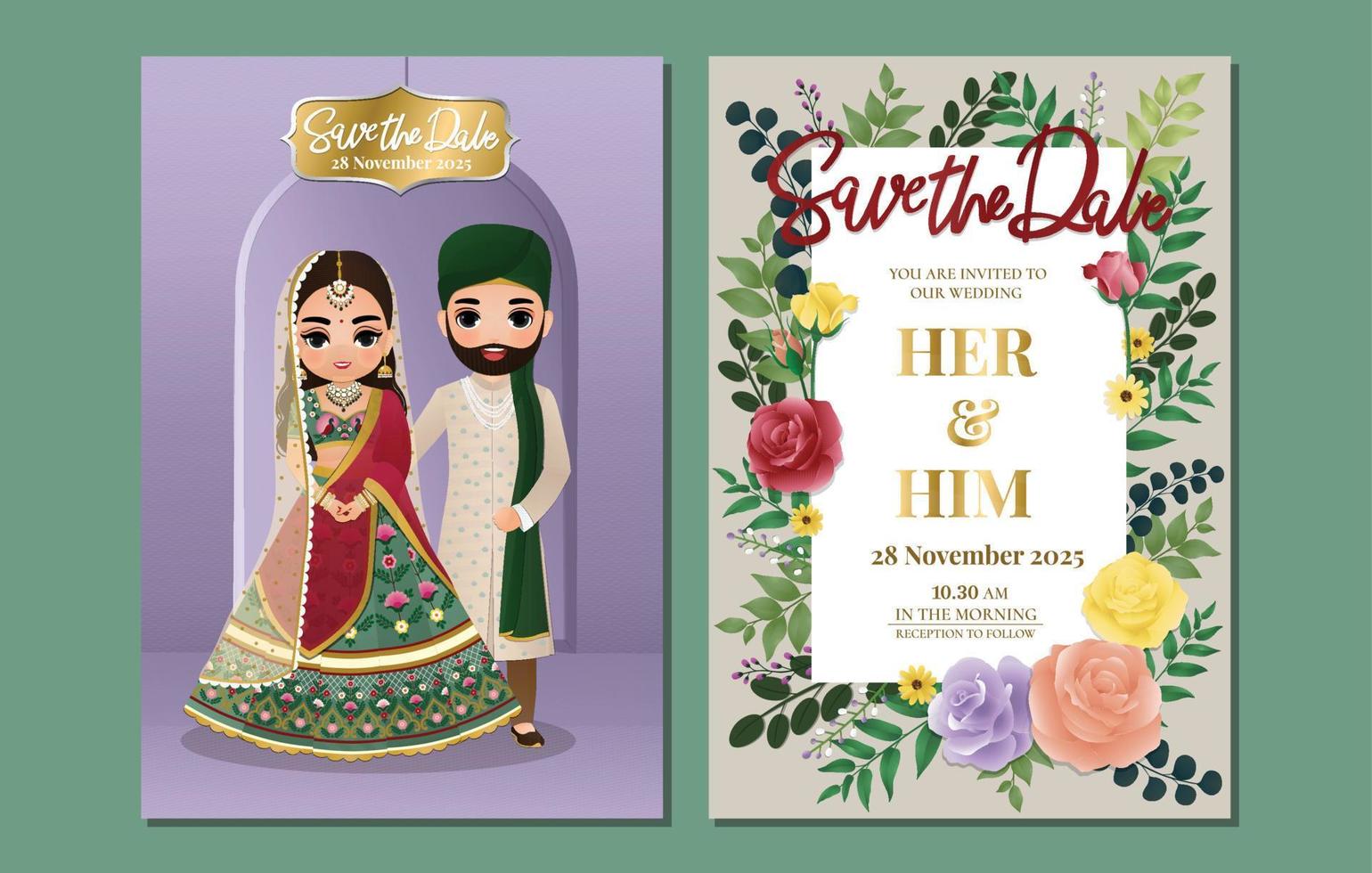 carte d'invitation de mariage indien personnage de dessin animé mignon couple hindou en vue avant et arrière vecteur