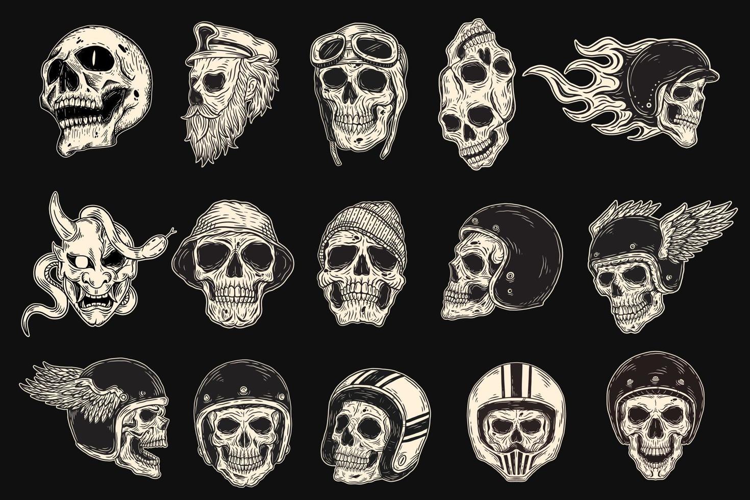 ensemble méga collection bundle de tête de casque de cavalier de crâne dessiné à la main art sombre avec différentes illustrations de style de contour d'éclosion d'ange vecteur