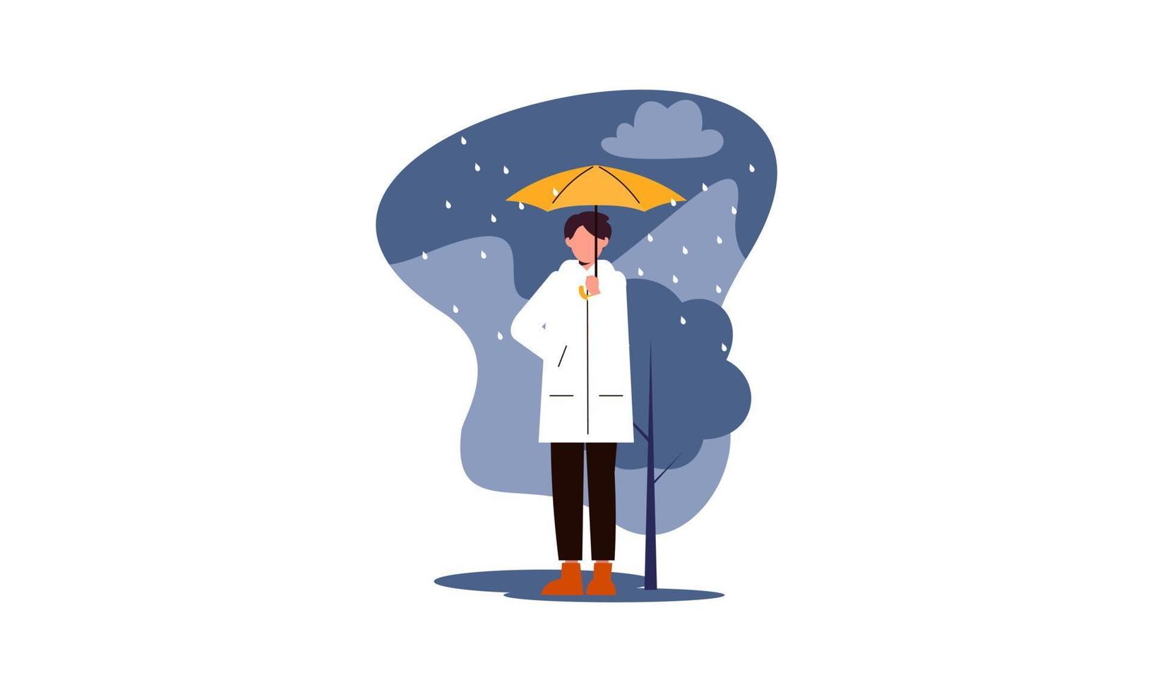 personnes marchant avec des parapluies météo avec illustration de paysages pluvieux vecteur