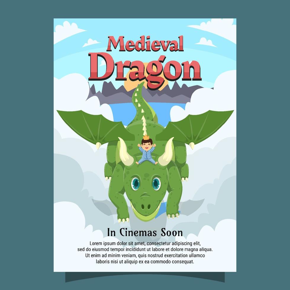affiche de film de personnage de dragon mignon du royaume médiéval vecteur