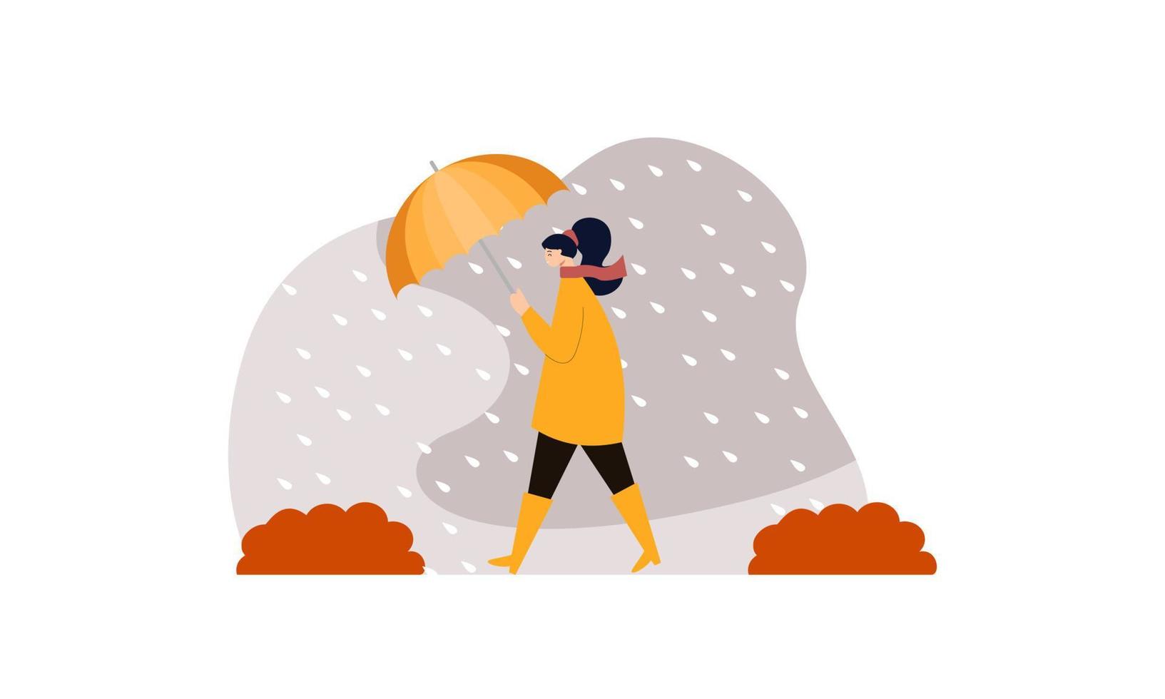 personnes marchant avec des parapluies météo avec illustration de paysages pluvieux vecteur