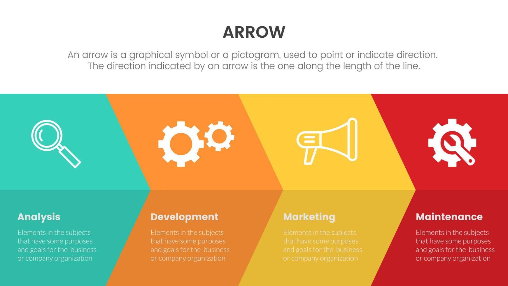 infographie de flèche avec concept de direction horizontale pour la présentation de diapositives avec liste de 4 points et direction de la forme de la flèche vecteur