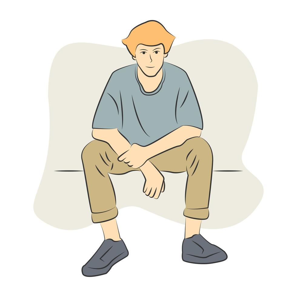 personnage de jeune homme assis et souriant dans un style de dessin animé plat vecteur