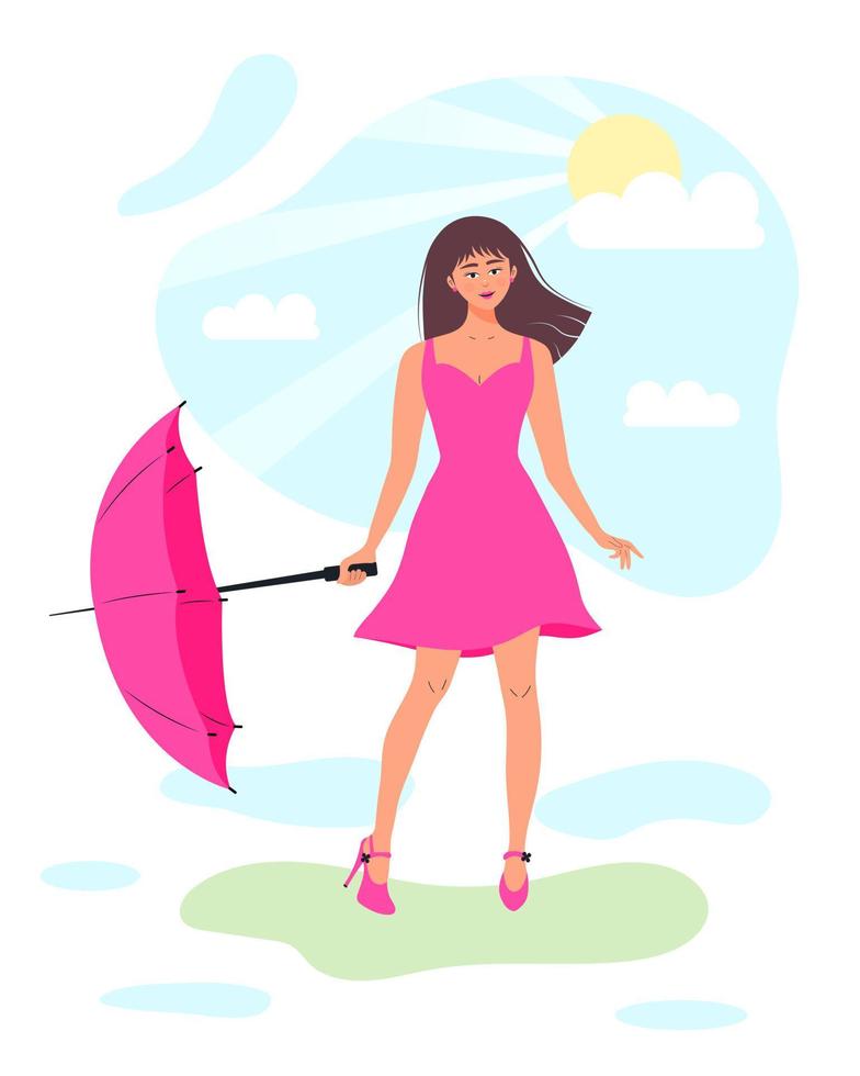 femme heureuse avec parapluie dans un parc. après la pluie, le soleil apparaît derrière le nuage. temps changeant d'été, mode de vie sain et activités de loisirs récréatifs. vecteur