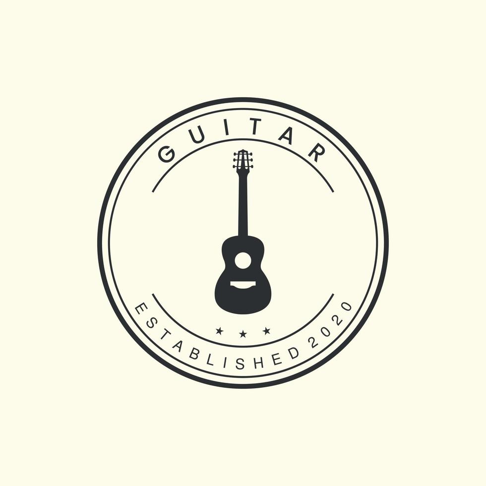 guitare avec conception de modèle d'icône de logo de style vintage et insigne. acoustique, mélodie, chaîne, illustration vectorielle vecteur