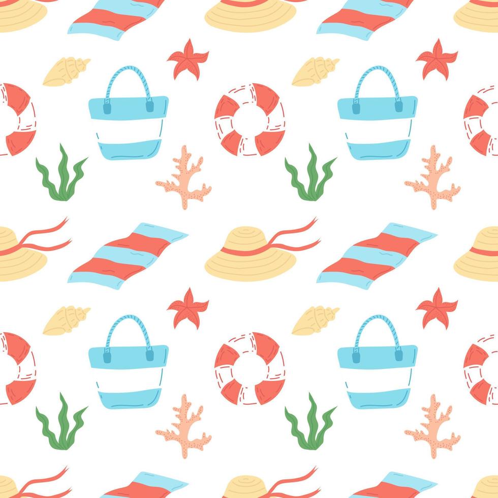 modèle de doodle sans couture d'été. sac de plage, serviette, chapeau, corail et algues. illustration vectorielle plane vecteur
