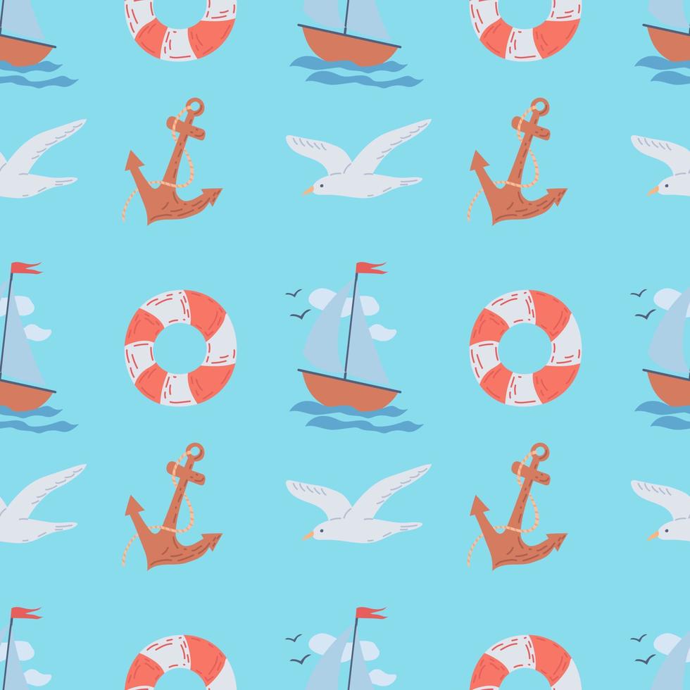 motif d'été sans couture sur un thème marin. mouette, ancre, bouée de sauvetage. illustration vectorielle plane vecteur