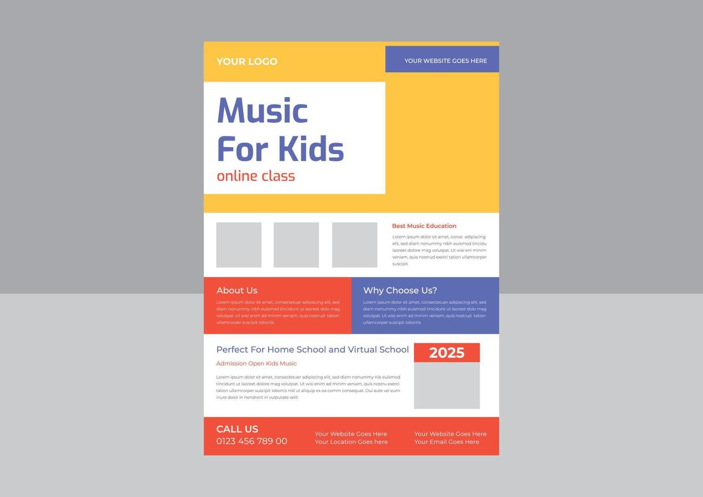 modèle de conception de flyer de musique pour enfants, modèle de conception de flyer en ligne de classe de musique pour enfants, flyer de classe de musique pour enfants, modèle d'affiche. vecteur