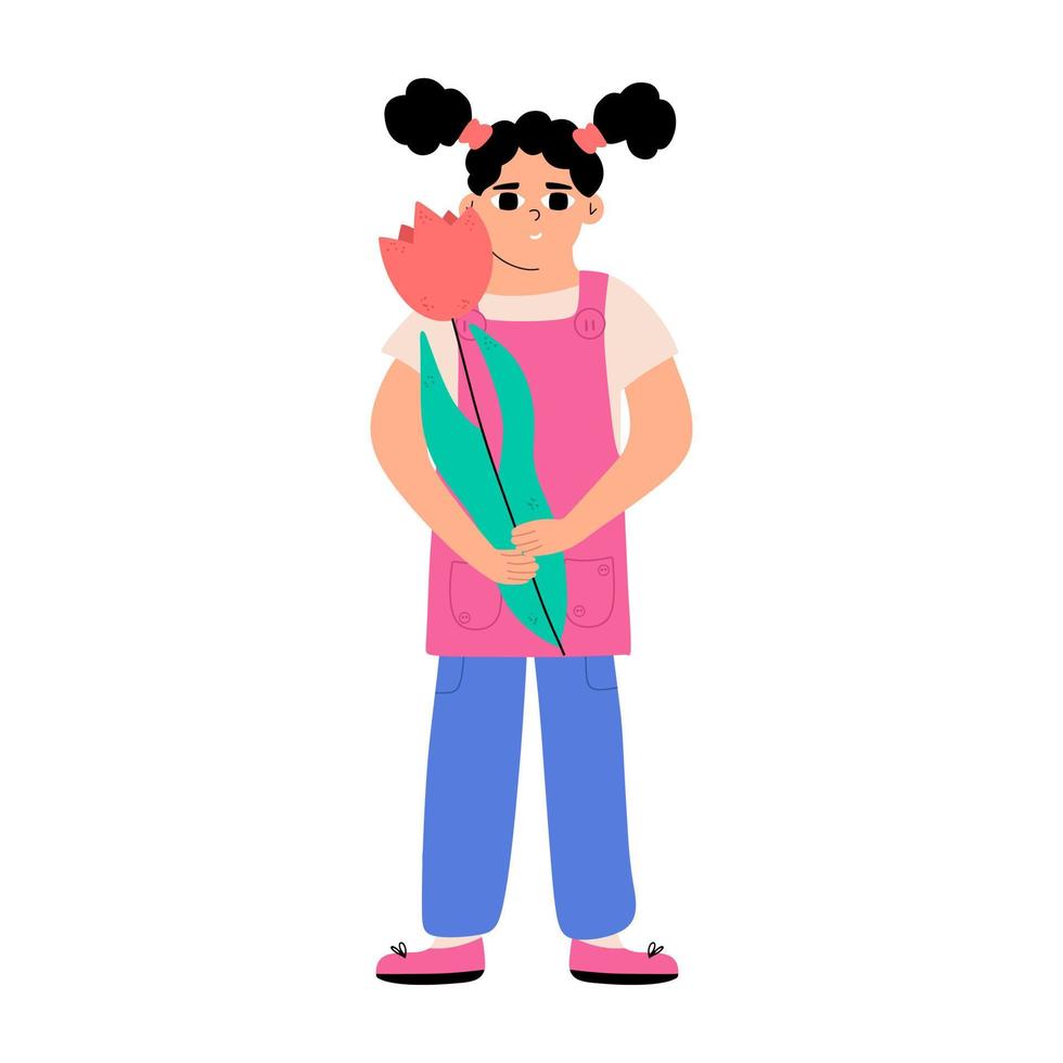 une petite fille tient une tulipe rouge dans ses mains. enfant avec une fleur. illustration vectorielle dessinée à la main dans le style. vecteur