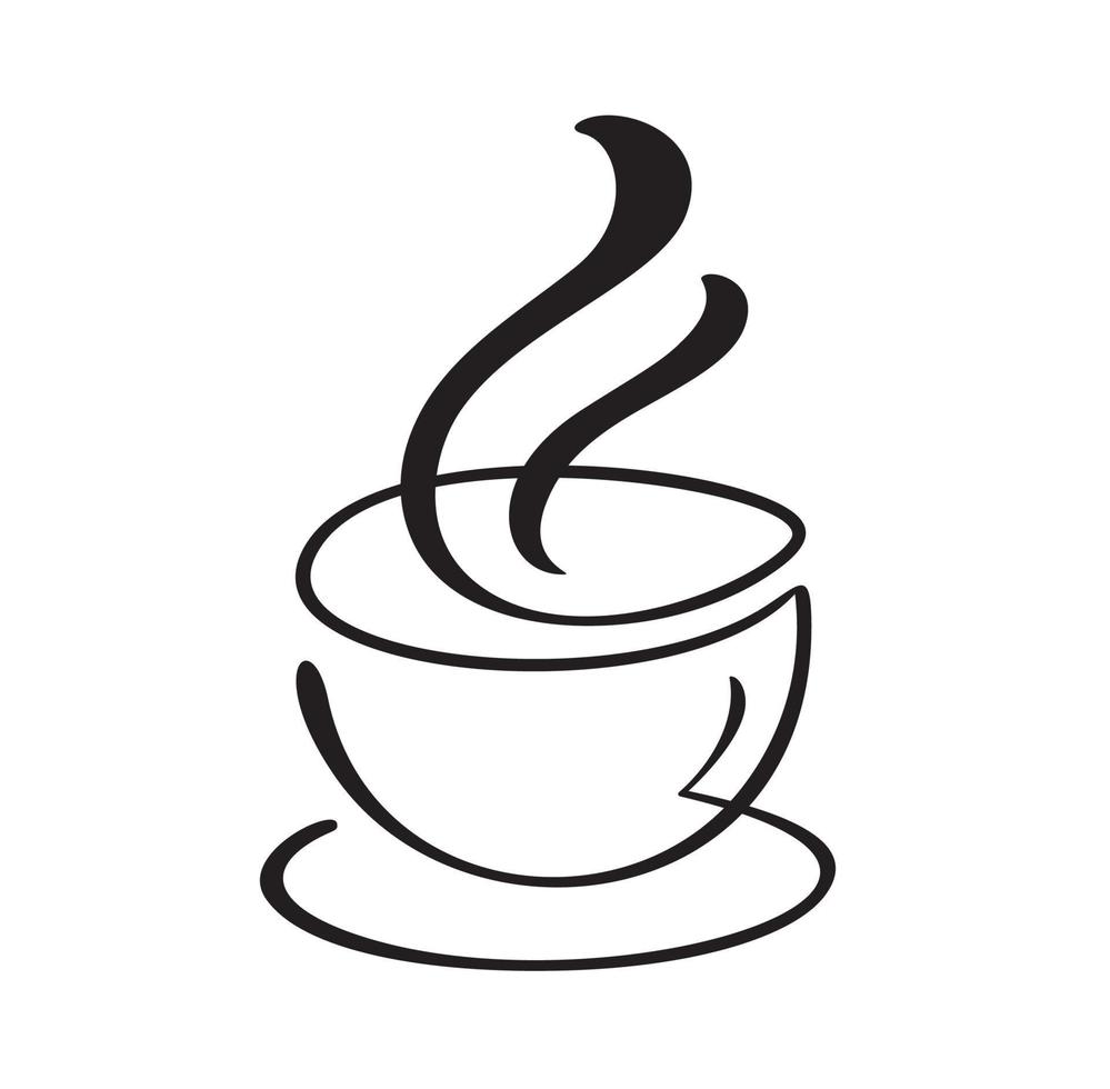 café de calligraphie de vecteur ou tasse de thé sur la soucoupe. illustration calligraphique en noir et blanc. conception dessinée à la main pour logo, icône café, menu, matière textile