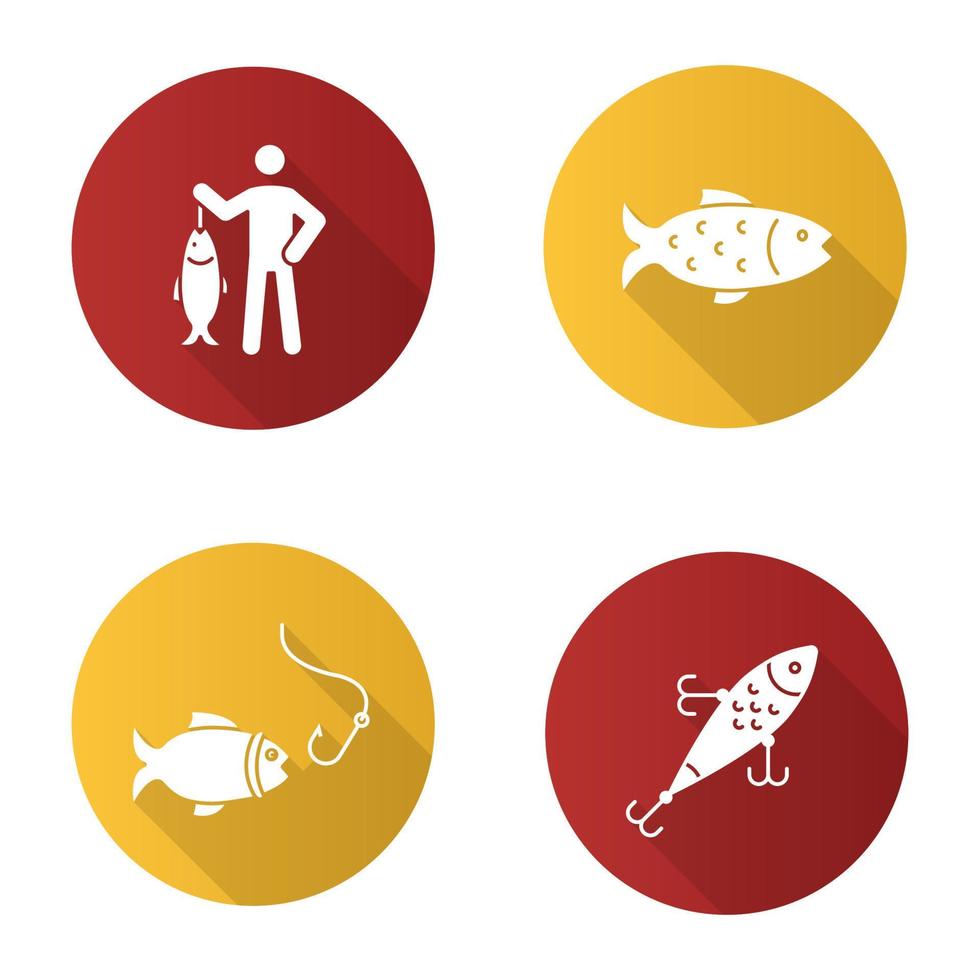 jeu d'icônes de glyphe d'ombre portée de conception plate de pêche. pêcheur, leurre, poisson et hameçon. illustration vectorielle silhouette vecteur