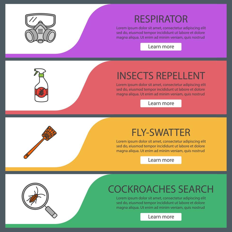 ensemble de modèles de bannière web de lutte antiparasitaire. respirateur, insectifuge, tapette à mouches, recherche de cafards. éléments de menu couleur du site Web avec des icônes linéaires. concepts de conception d'en-têtes vectoriels vecteur