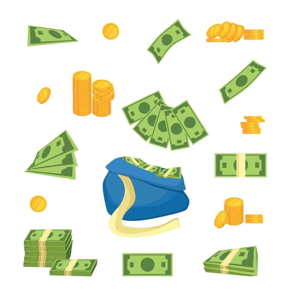 un ensemble de différents types de monnaie. illustration de dessin animé de vecteur .. stocker de l'argent dans une banque. richesse, accumulation.