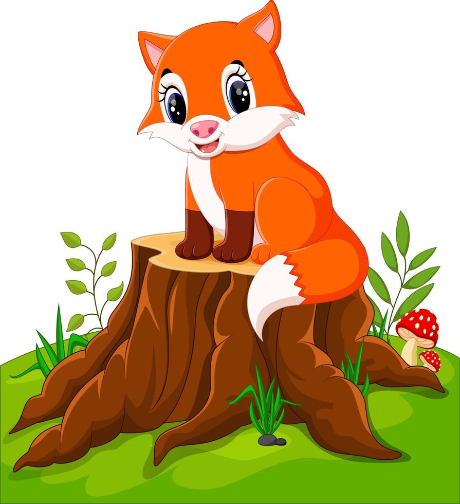 dessin animé heureux renard assis sur une souche d'arbre vecteur