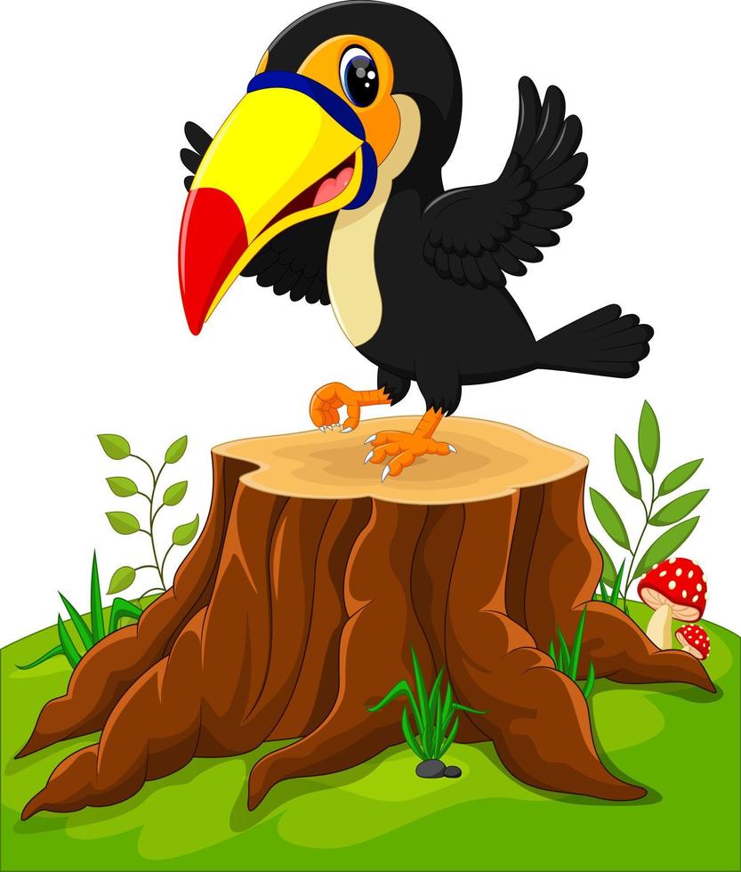 dessin animé heureux toucan sur une souche d'arbre vecteur