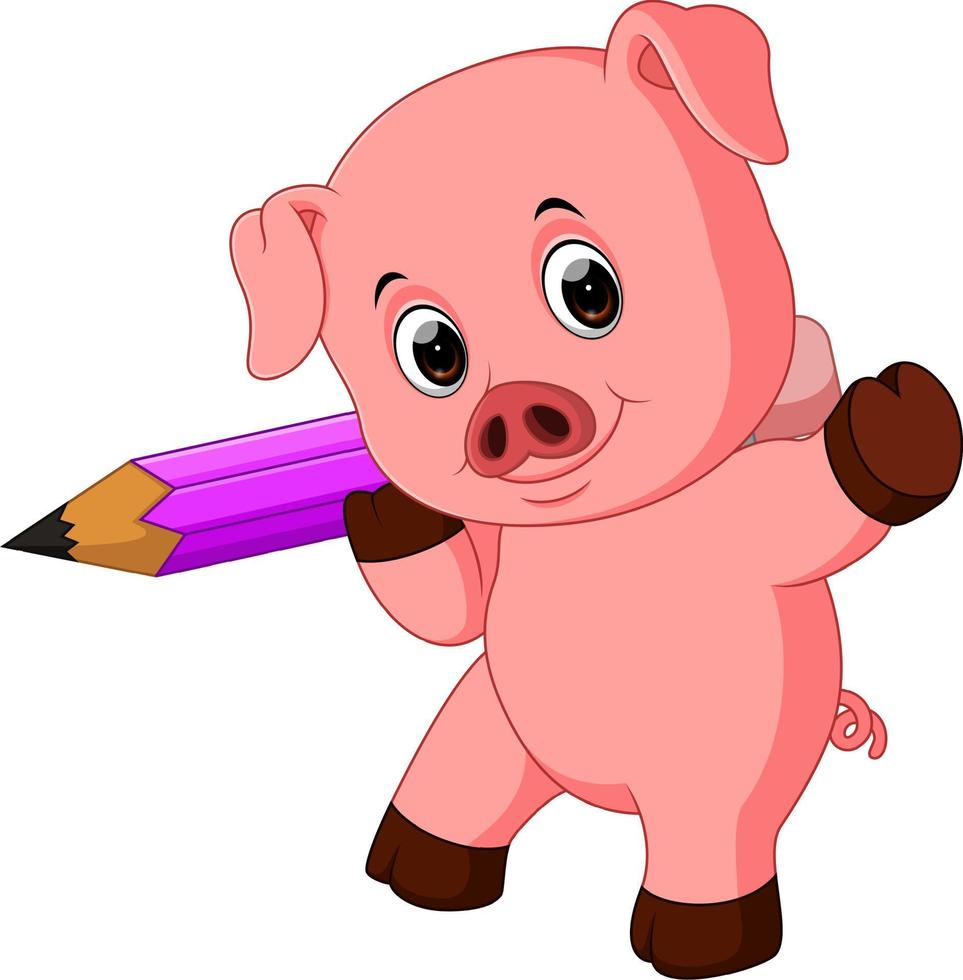 mignon cochon tenant un crayon vecteur