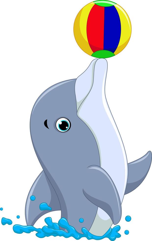 dessin animé de dauphin heureux jouant au ballon vecteur