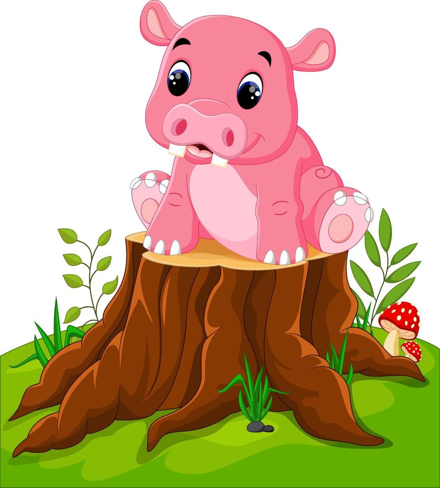 dessin animé mignon bébé hippopotame sur une souche d'arbre vecteur