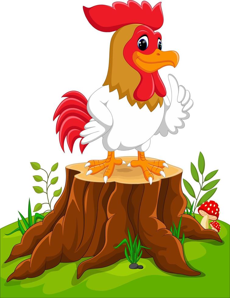 coq de poulet dessin animé sur une souche d'arbre vecteur