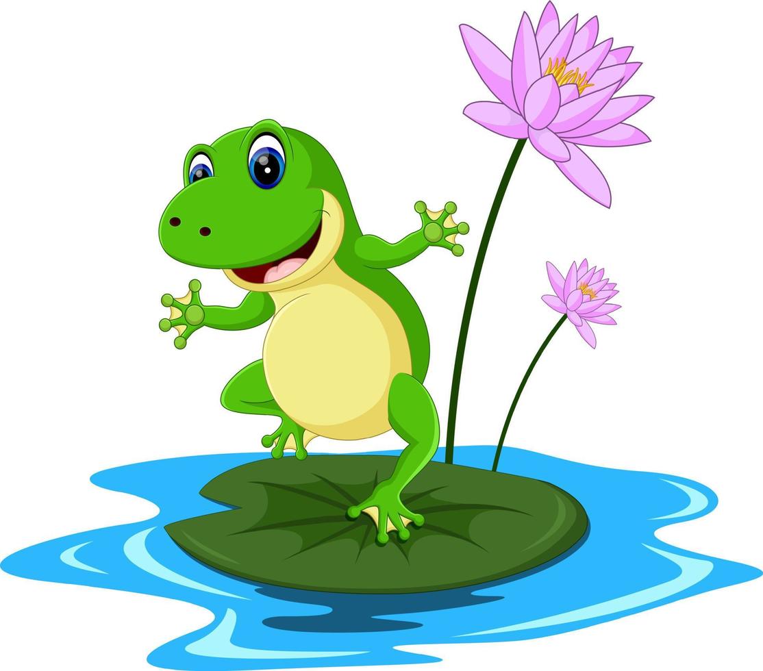 dessin animé drôle de grenouille verte assis sur une feuille vecteur