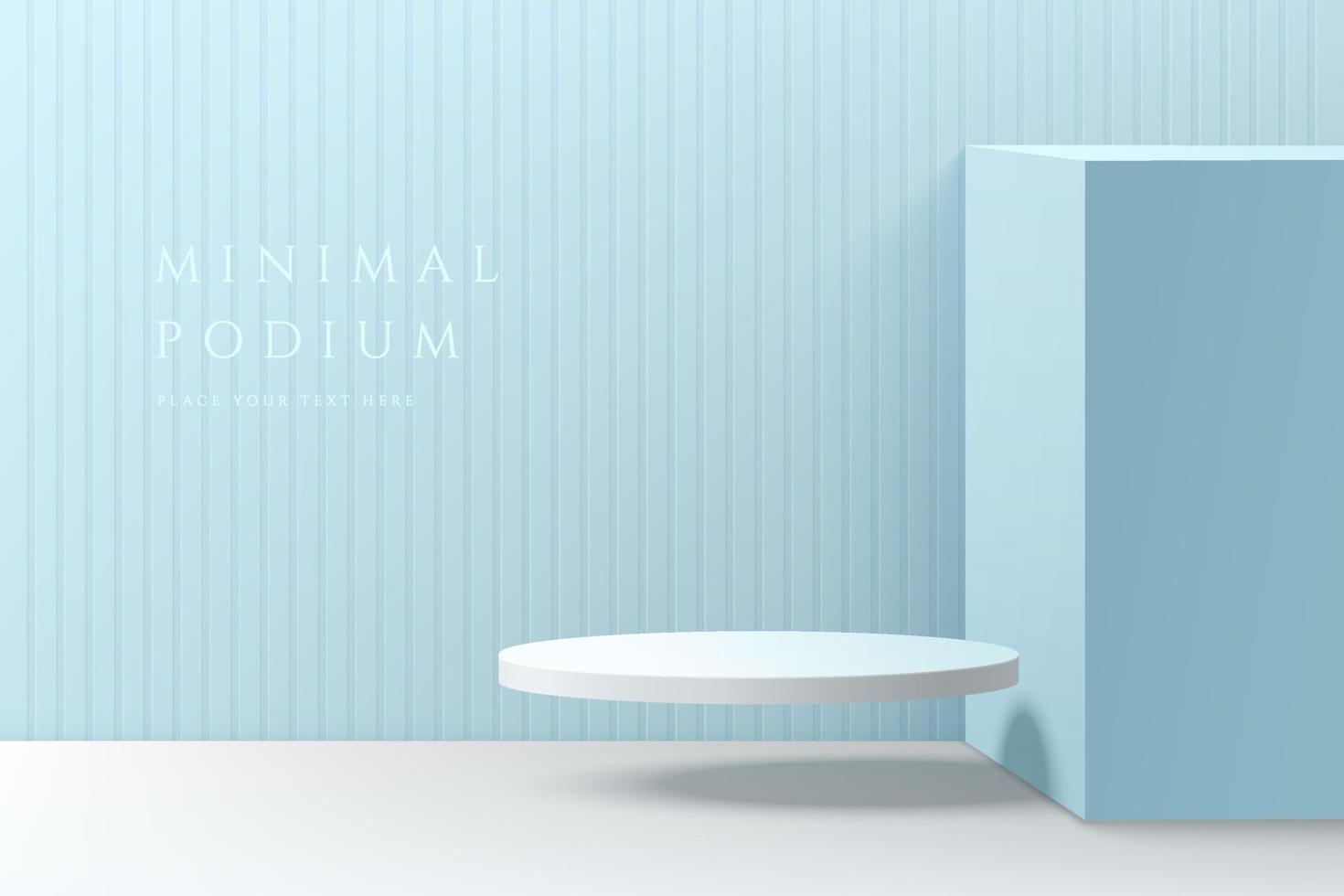 salle bleue abstraite 3d avec podium de piédestal de cylindre blanc réaliste flottant dans les airs. scène murale minimale pastel pour l'affichage du produit maquette. formes géométriques vectorielles. scène pour vitrine. vecteur eps10.
