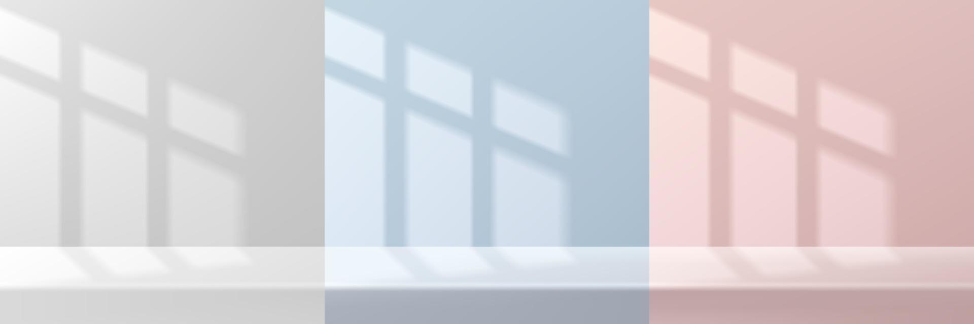 ensemble de salle 3d abstraite blanche, rose, bleue et bureau ou tables avec lumière et ombre de fenêtre. collection de scènes minimales pastel. formes géométriques de rendu vectoriel pour l'affichage du produit de maquette. vitrine de scène.