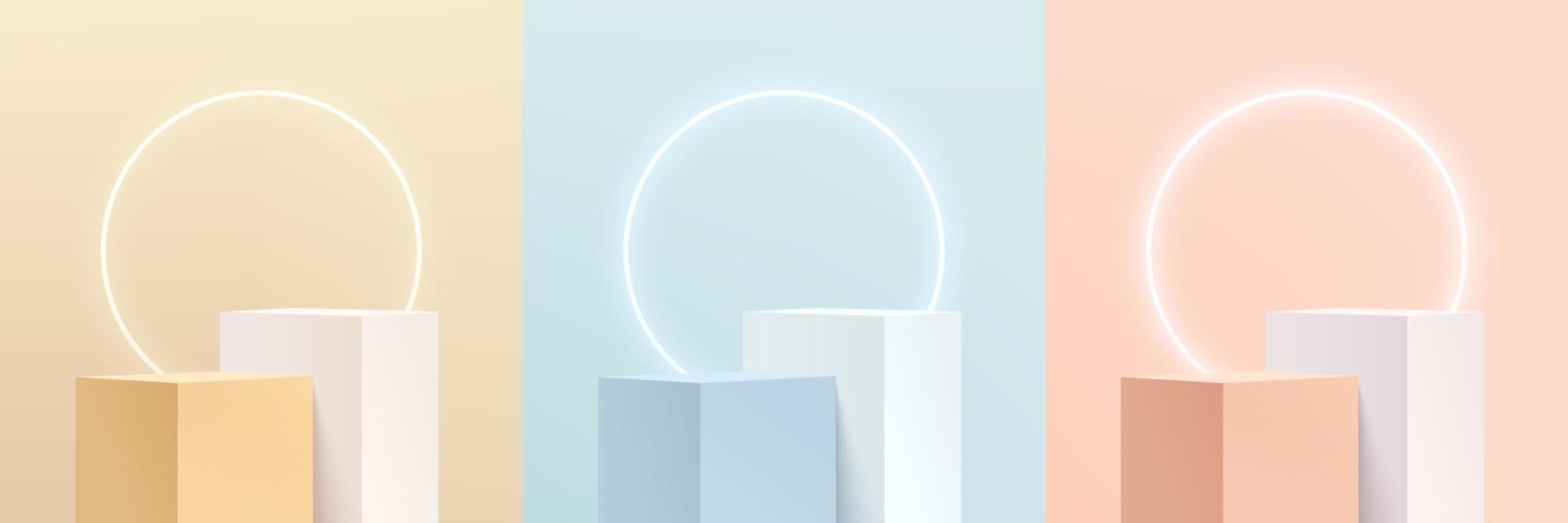 ensemble de piédestal de cube 3d abstrait rose, jaune, bleu et blanc ou podium de stand avec néon de cercle illuminé. collection de scènes minimales pastel. plate-forme de rendu vectoriel pour la présentation de l'affichage du produit.