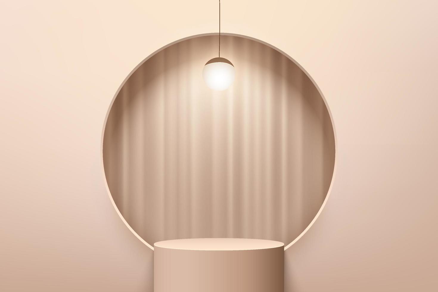 piédestal de cylindre 3d beige abstrait ou podium de stand dans une fenêtre circulaire et une lampe suspendue à boule. scène minimale brune pour la présentation d'affichage de produits cosmétiques. conception de plate-forme de rendu géométrique vectoriel. vecteur