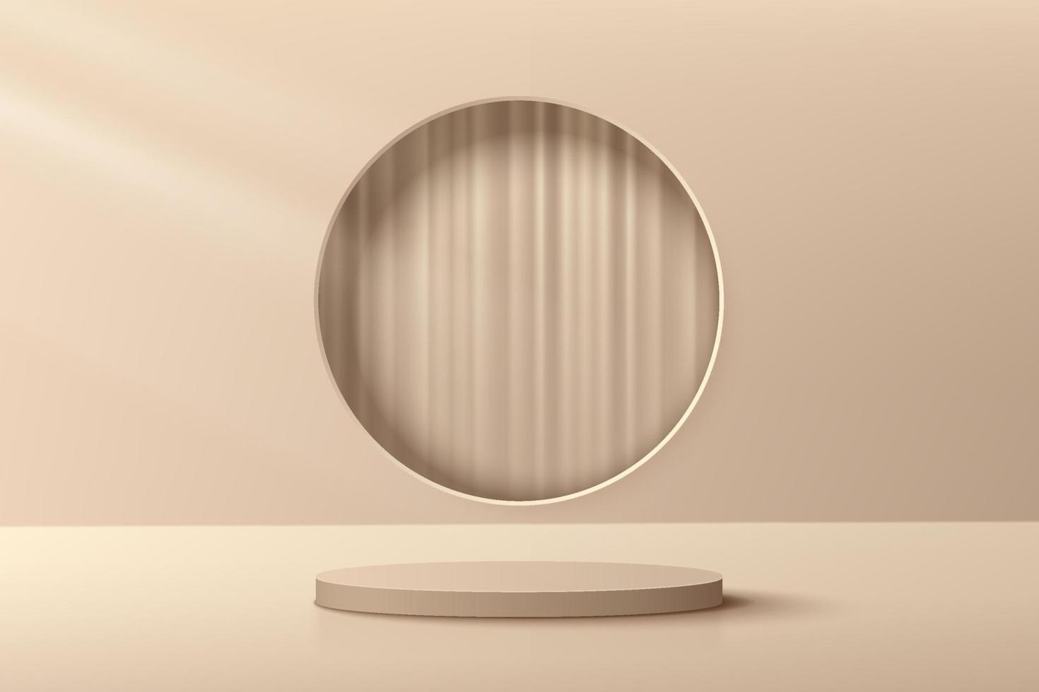 podium de piédestal de cylindre 3d beige abstrait avec fenêtre circulaire et rideau à l'intérieur. scène de mur minimal marron de luxe pour la présentation d'affichage de produits cosmétiques. conception de plate-forme de rendu géométrique vectoriel. vecteur