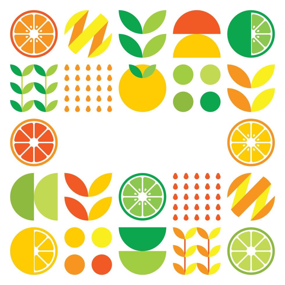 cadre vectoriel plat minimaliste en symbole d'agrumes. illustration géométrique simple d'oranges, de citrons, de limonade et de feuilles. dessin abstrait orange sur fond blanc. bon pour les affiches ou les bannières.