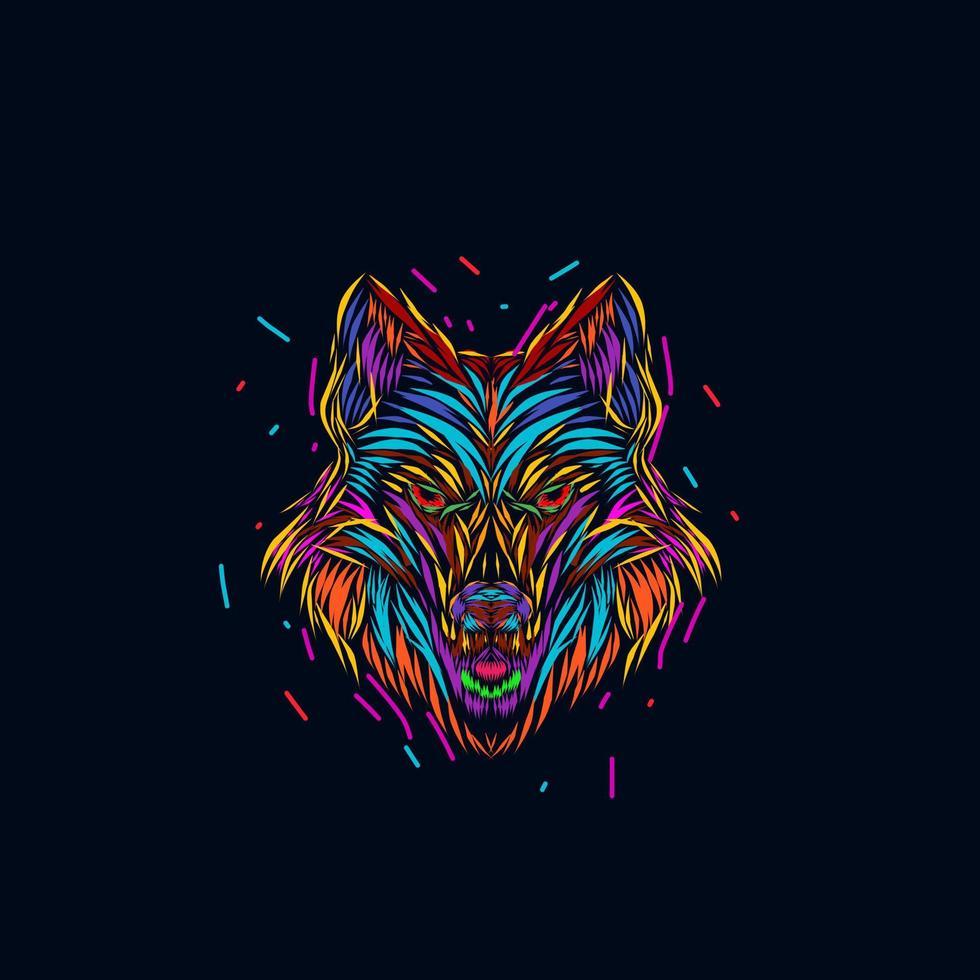 la conception de logo potrait pop art de ligne de bête de loup avec un fond sombre vecteur