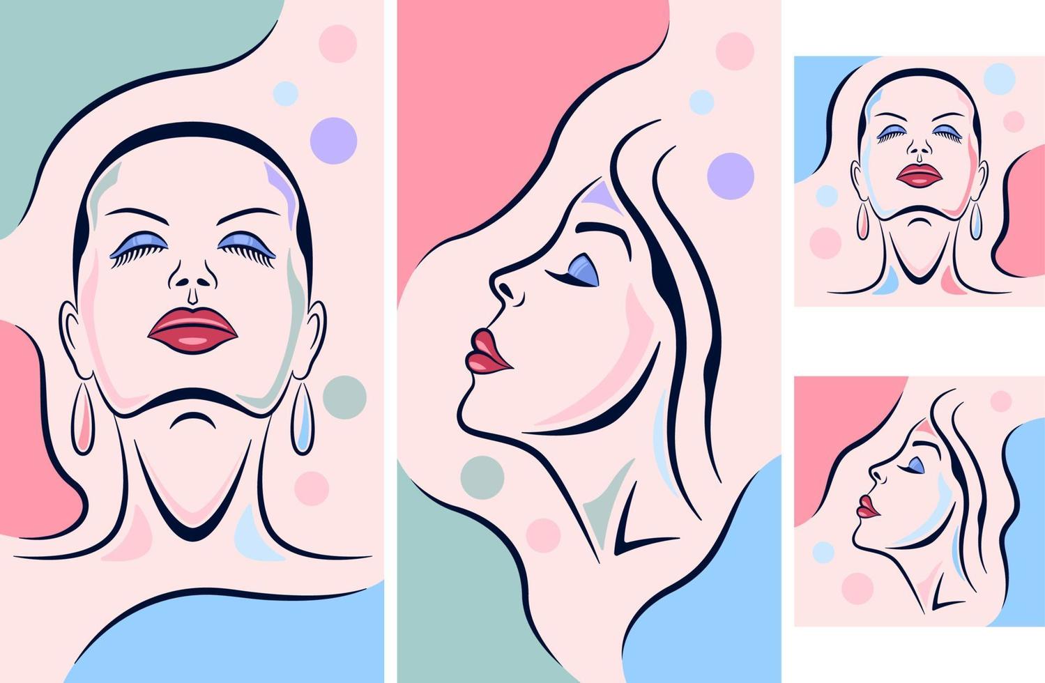 collection femmes visages ligne d'art couleurs postel pour le format des médias sociaux vecteur