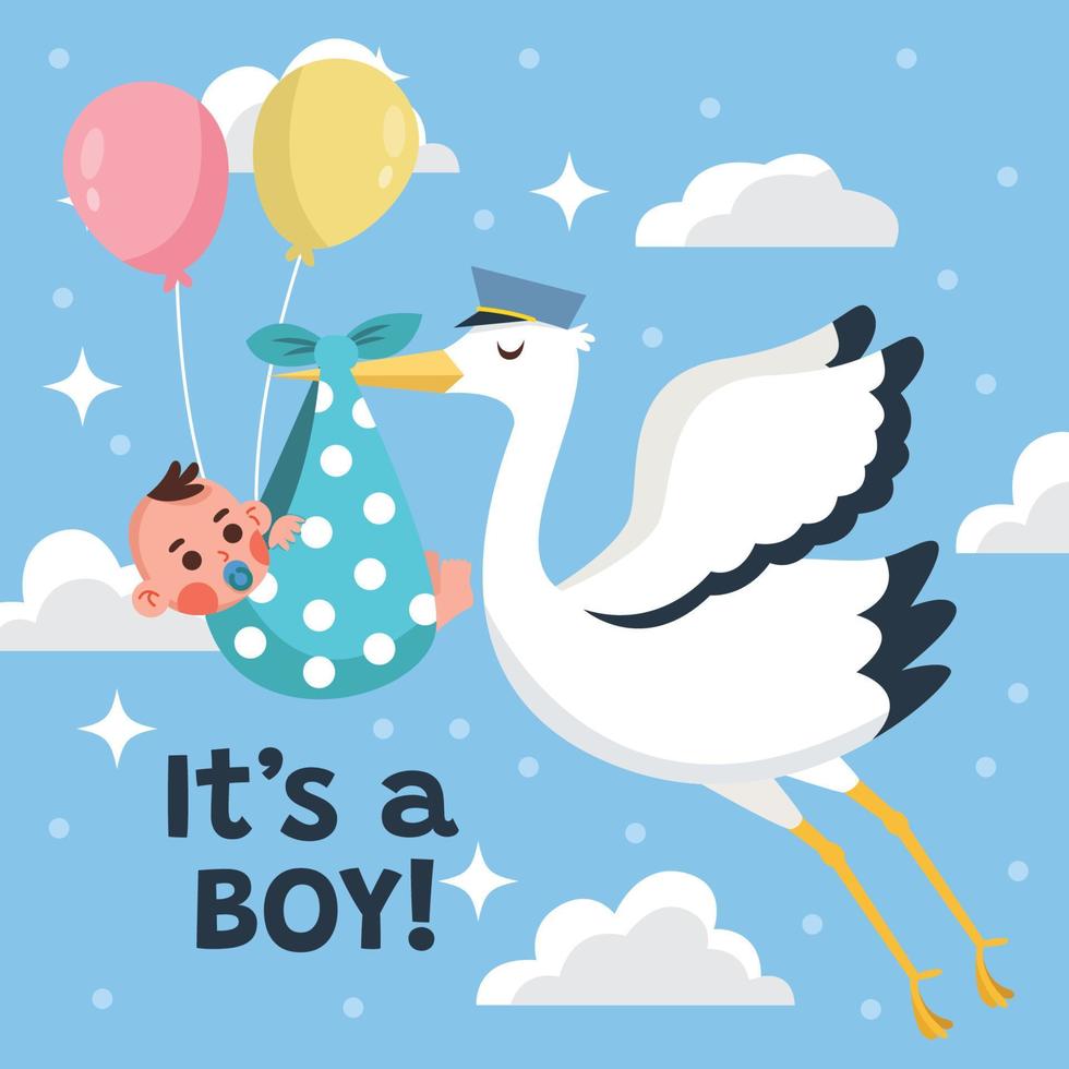 jour de naissance bébé garçon avec cigogne vecteur