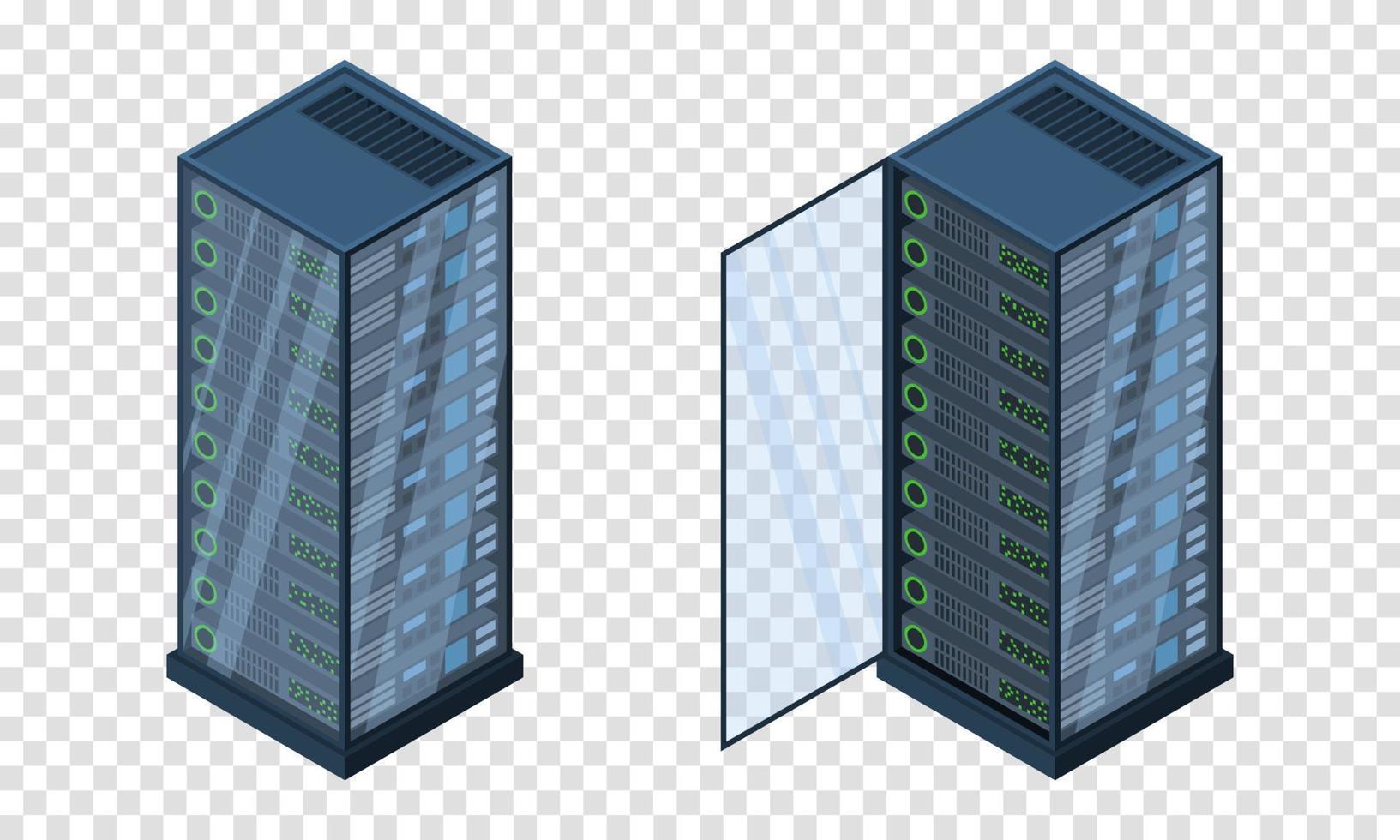 serveurs isométriques. stockages de données. matériel informatique 3d. base de données de stockage. réseau de serveurs d'équipements. illustration de données volumineuses vecteur