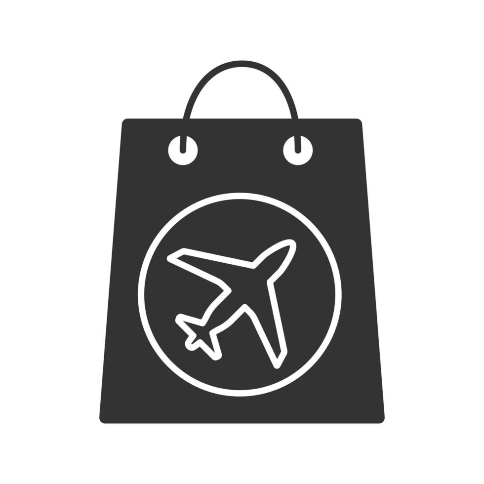 icône de glyphe d'achat hors taxes. sac à provisions avec avion. symbole de la silhouette. espace négatif. illustration vectorielle isolée vecteur