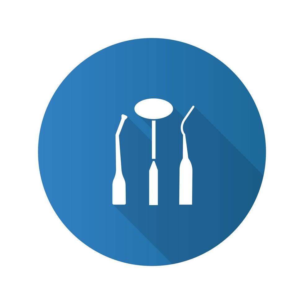 icône de glyphe d'ombre longue de conception plate d'instruments dentaires. miroir buccal, sonde dentaire et pelle de dentiste. illustration vectorielle silhouette vecteur