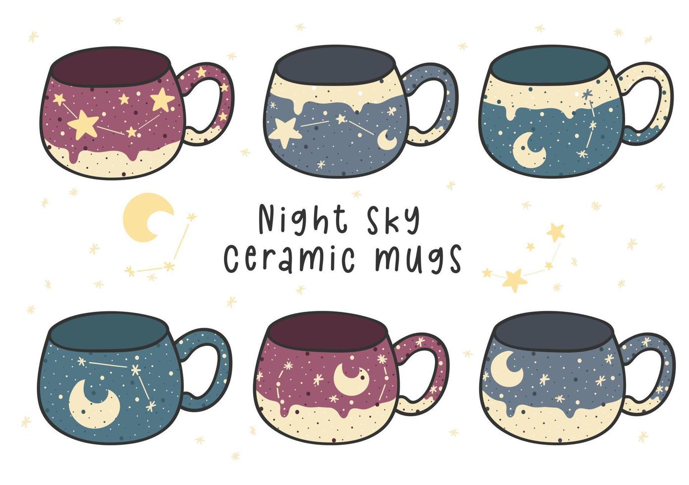 vecteur de dessin animé de collection de tasses en céramique de poterie mignonne, ensemble de ciel d'étoiles de nuit