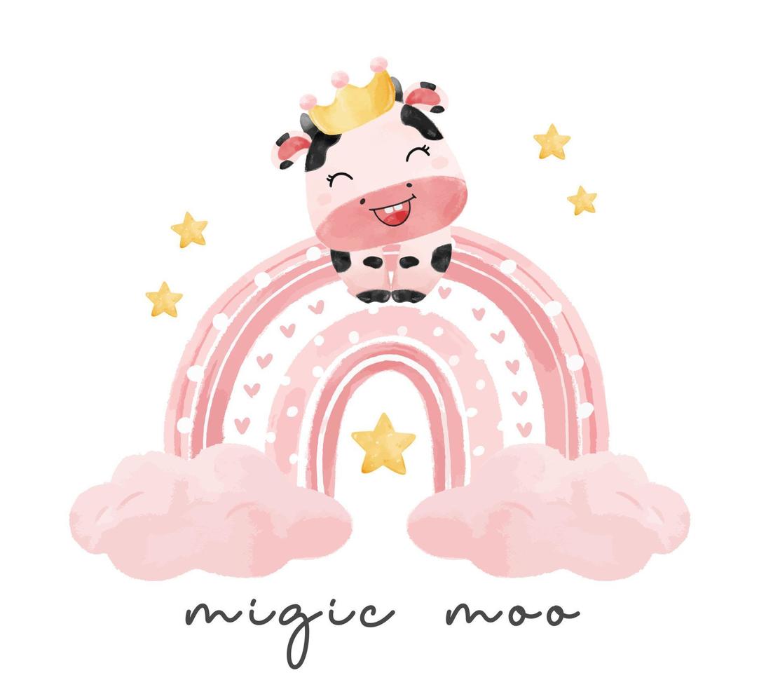 mignon bébé vache rose fille accroché sur arc en ciel rose dessin animé dessiné à la main aquarelle ferme animal personnage illustration vecteur