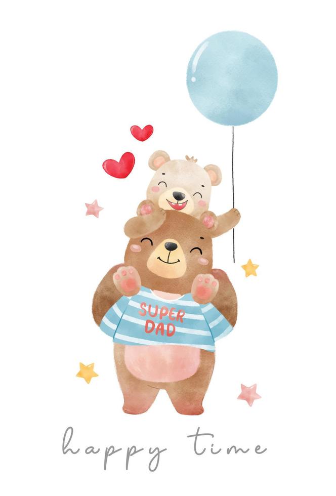 enfance mignonne avec le père, papa heureux ours avec enfant en peluche sur l'épaule du père avec des ballons, vecteur dessiné à la main de dessin animé animal aquarelle fête des pères