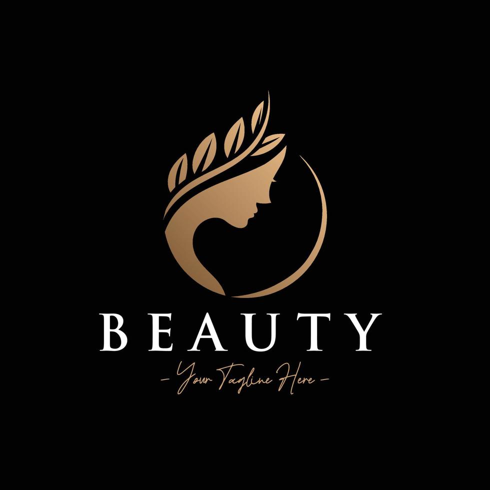 beauté femme silhouette simple cercle naturel modèle de logo or vecteur