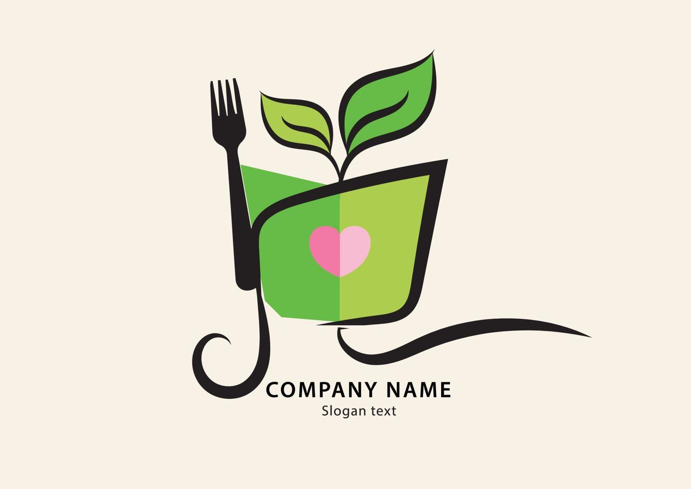 conception de vecteur de logo bio alimentaire, feuille verte, bol, icône, symbole, idée créative