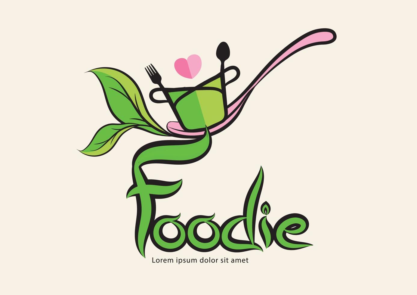 logo de typographie foodies et conception de vecteur de concept organique de cuillère, feuille verte, icône, symbole