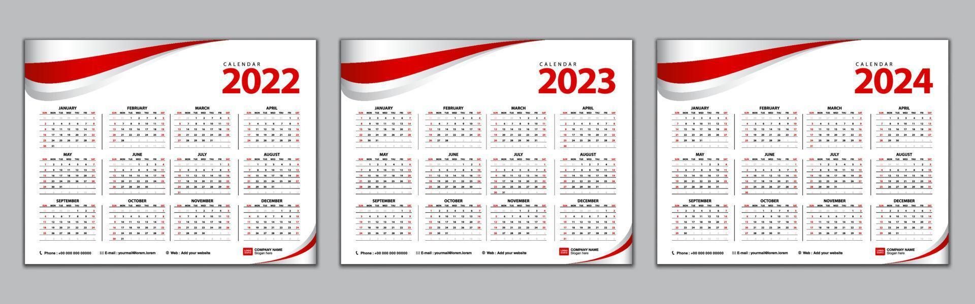 calendrier 2022,2023,2024 couleur rouge vecteur