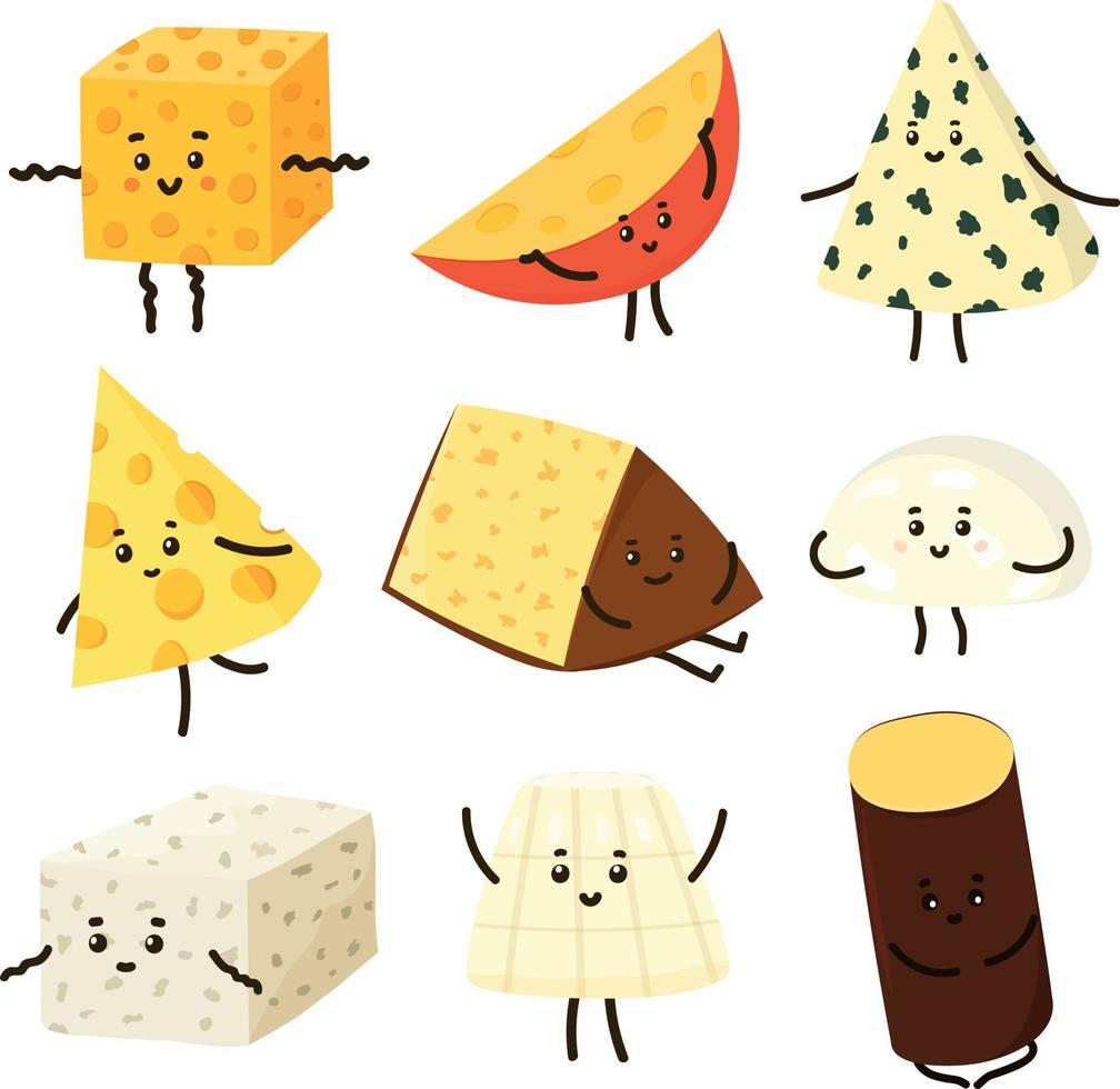 ensemble de personnages émotionnels de dessins animés drôles de différents types de fromage vecteur