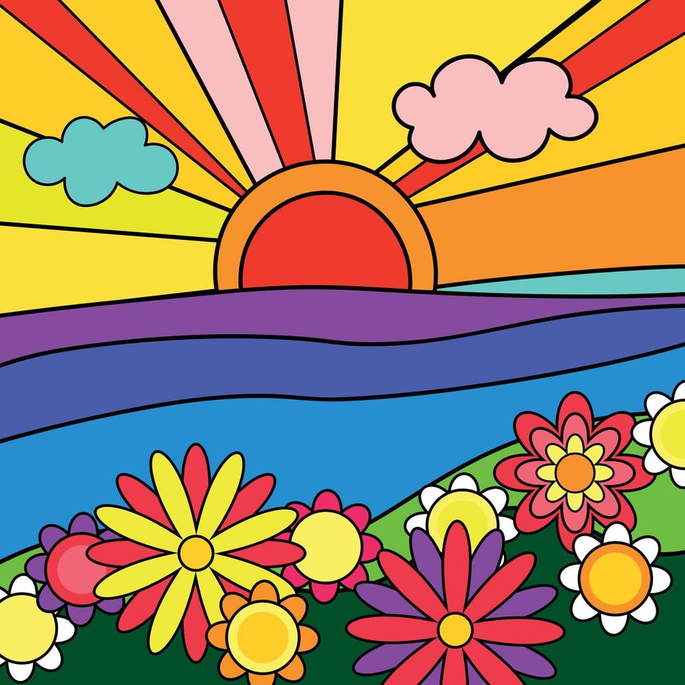Affiche de bonnes vibrations de 1970. affiche psychédélique rétro vibrante avec un paysage de fantaisie avec des champs, des fleurs de marguerite et du soleil vecteur
