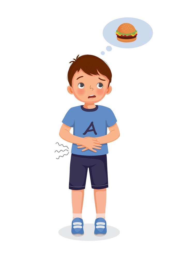 mignon petit garçon se sentant si affamé tenant son estomac en pensant à manger un hamburger vecteur