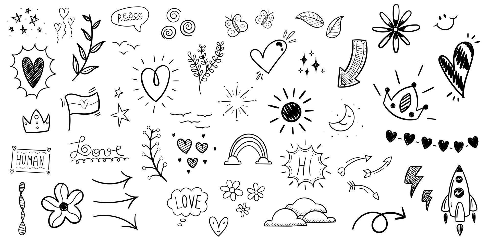 conception d'amour doodle dessiné à la main. coeurs, amour et elements.web vecteur